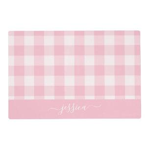 Chic soft pink gingham script name placemat
