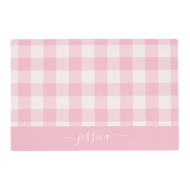 Chic soft pink gingham script name  placemat (Front)
