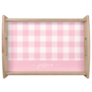Chic soft pink gingham script name serving tray