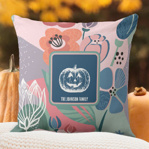 Chic Soft Pink Slate Blue Fall Floral Pumpkin Throw Pillow