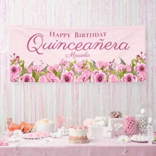 Chic Soft Pink Textured Pink Poppies Quinceaera B Banner
