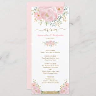 Chic Soft Pink Watercolor Floral Wedding Menu Card