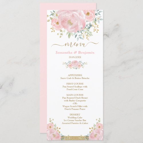 Chic Soft Pink Watercolor Floral Wedding Menu Card