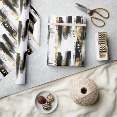 Chic Sophisticated Black and Gold Stroke Abstract Wrapping Paper
