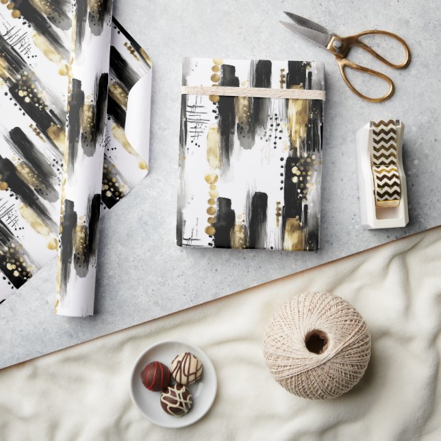 Chic Sophisticated Black and Gold Stroke Abstract Wrapping Paper (Crafts)