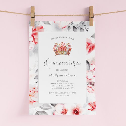 Chic Sophisticated Red Floral Quinceaera Invitation