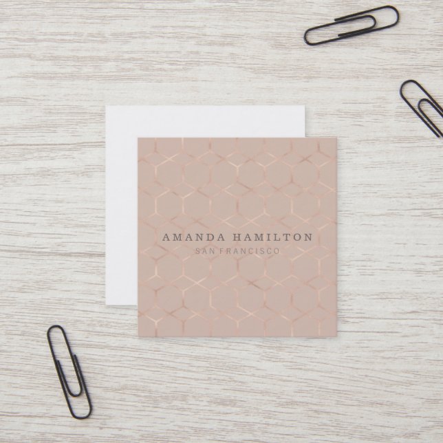 Chic sophisticated rose gold hexagon professional square business card (Front/Back In Situ)