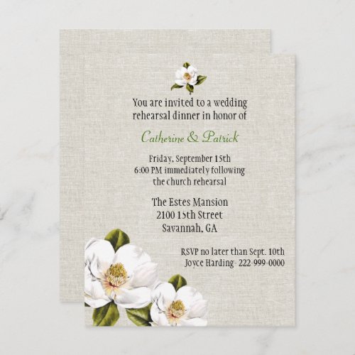 Chic Southern Magnolias Wedding Rehearsal Dinner Invitation