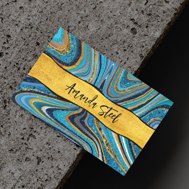 Chic Sparkle Glitter marble art blue gold monogram Business Card Magnet (Creator Uploaded)