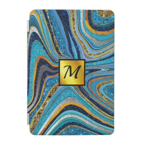 Chic Sparkle Glitter marble art blue gold monogram iPad Mini Cover
