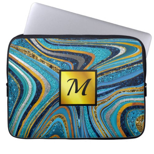 Chic Sparkle Glitter marble art blue gold monogram Laptop Sleeve