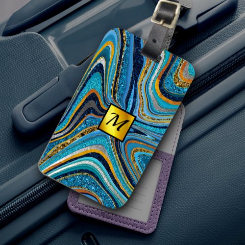 Chic Sparkle Glitter marble art blue gold monogram Luggage Tag