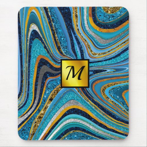 Chic Sparkle Glitter marble art blue gold monogram Mouse Pad