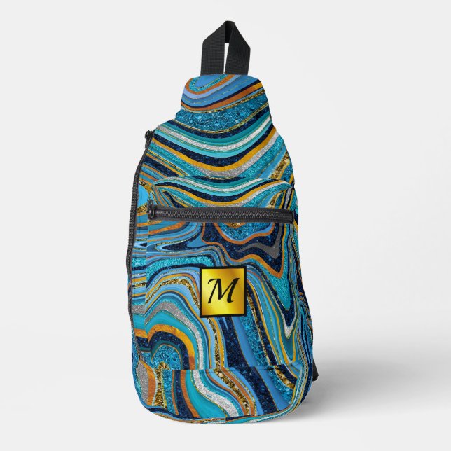 Chic Sparkle Glitter marble art blue gold monogram Sling Bag (Front)