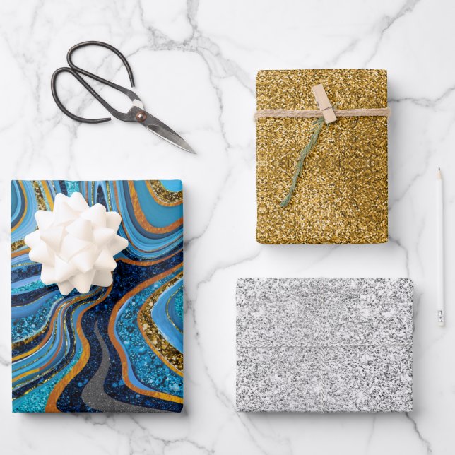 Chic Sparkle Glitter marble art blue gold  Wrapping Paper Sheets (Front)