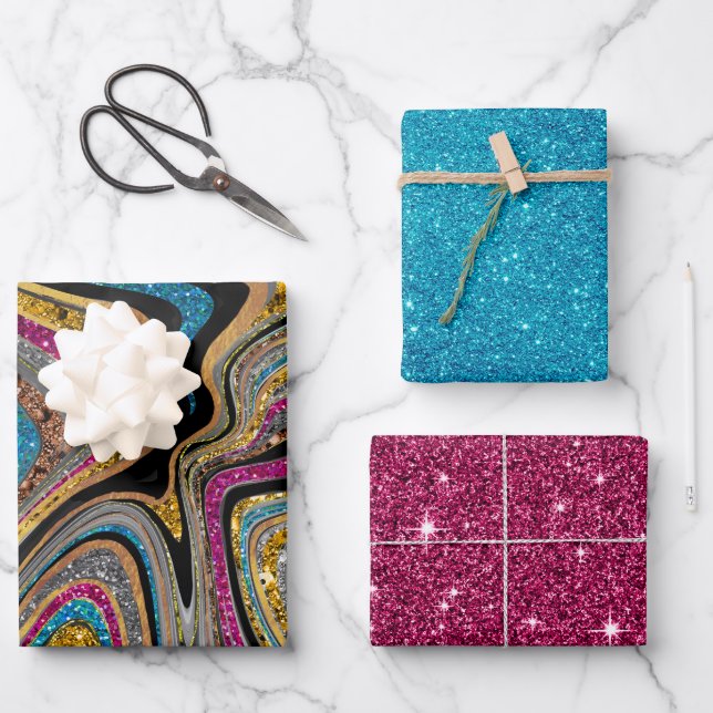 Chic Sparkle Glitter marble art blue pink Wrapping Paper Sheets (Front)