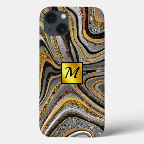 Chic Sparkle Glitter marble art grey gold monogram iPhone 13 Case