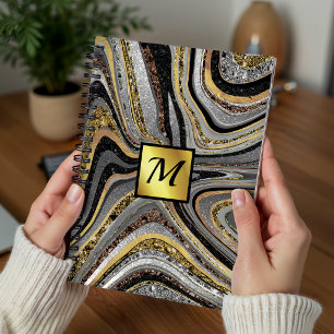 Chic Sparkle Glitter marble art grey gold monogram Notebook