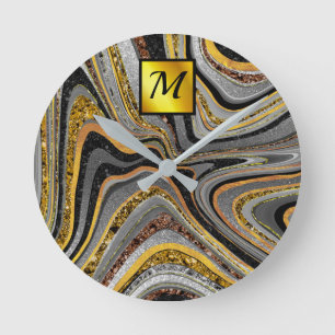 Chic Sparkle Glitter marble art grey gold monogram Round Clock