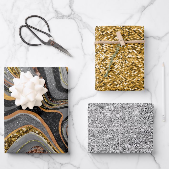 Chic Sparkle Glitter marble art grey gold Wrapping Paper Sheets (Front)