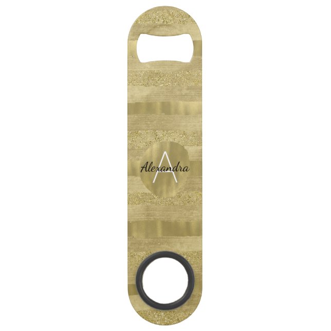 Chic Sparkle Gold Stripes Monogram Speed Bottle Opener (Front)