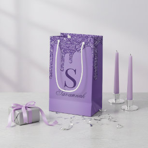 Chic Sparkle Purple Glitter Drips Monogram Small Gift Bag