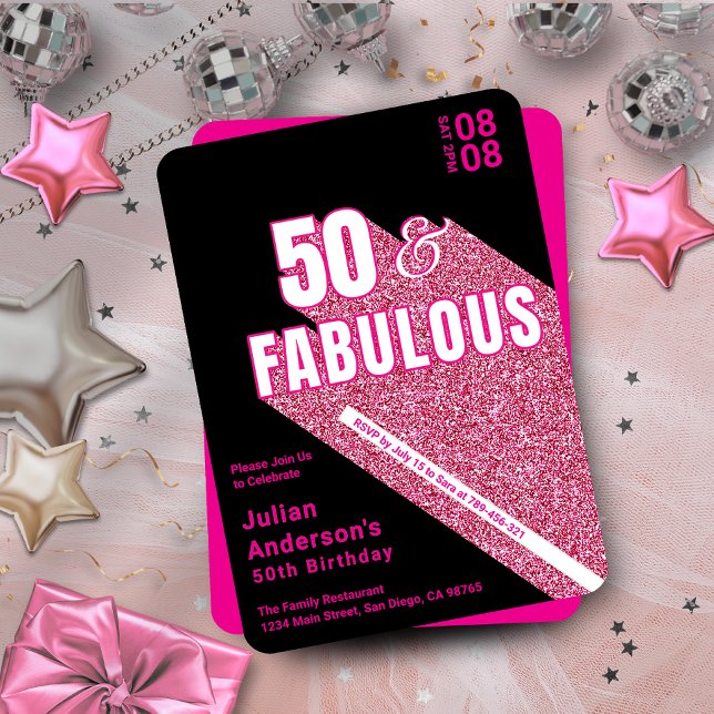 Chic Sparkling Black & Pink Fabulous 50th Birthday Invitation (Chic Sparkling Black & Pink Fabulous 50th Birthday Invitation)
