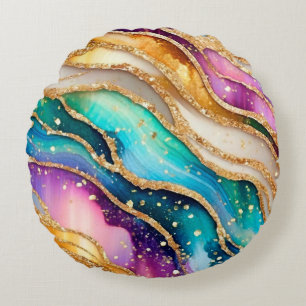 Chic Sparkly Glitter Golden Rainbow Agate Glamour Round Pillow