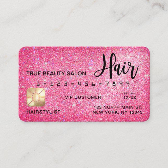 Chic Sparkly Neon Pink Glitter Credit Card Hair (Front)