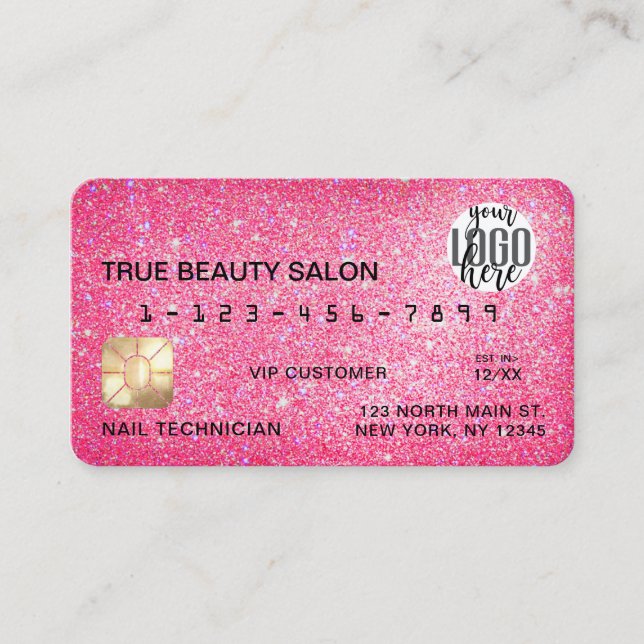 Chic Sparkly Neon Pink Glitter Credit Card Logo (Front)
