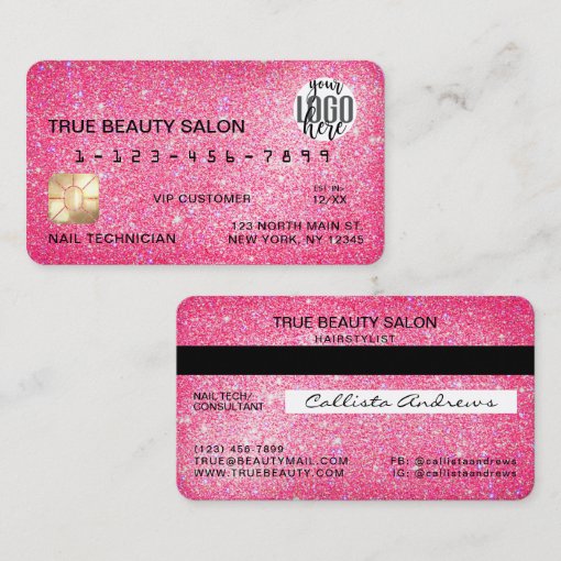 Chic Sparkly Neon Pink Glitter Credit Card Logo 