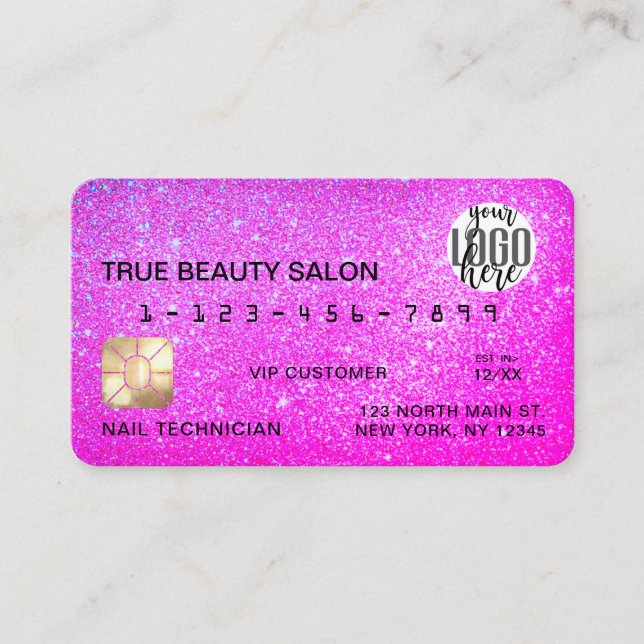 Chic Sparkly Neon Purple Glitter Credit Logo Business Card (Front)