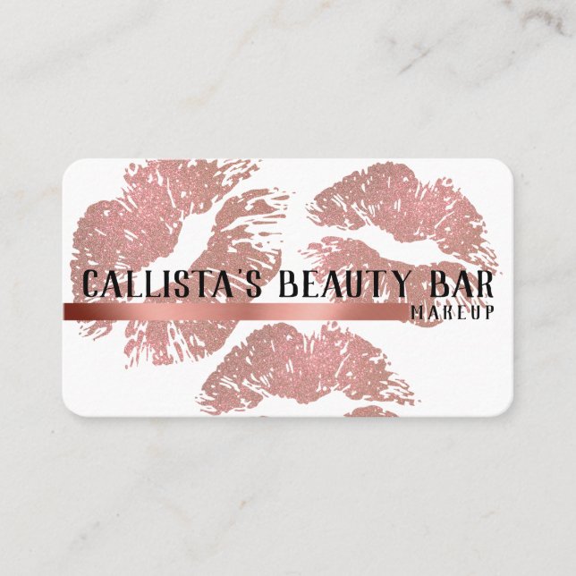 Chic Sparkly Rose Gold Glitter Lips Makeup Artist Business Card (Front)