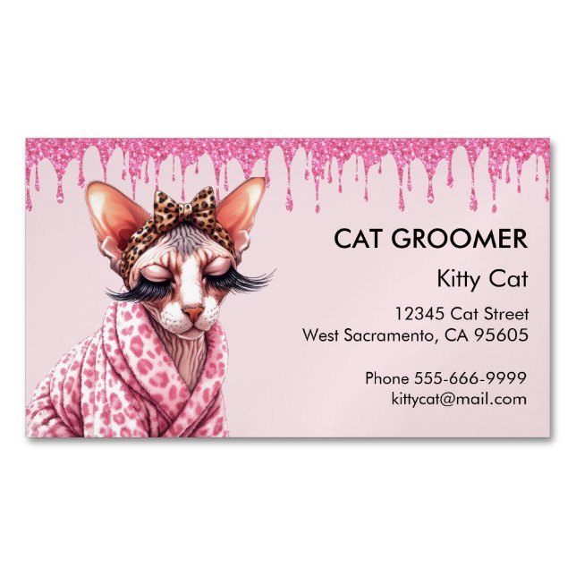 Chic Sphynx Cat Service Pink Glitter Dripping Business Card Magnet (Front)