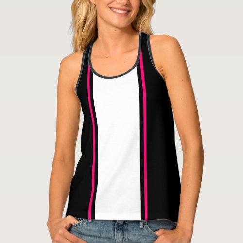 Chic Sporty White Magenta Racing Stripes On Black Tank Top