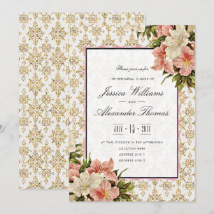 Chic Spring Bouquets Gold Glitter Rehearsal Dinner Invitation