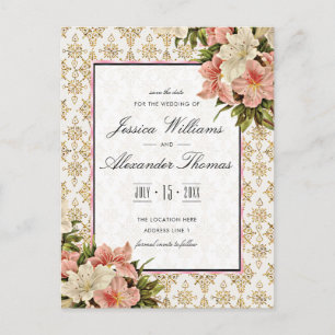 Chic Spring Bouquets & Gold Glitters Save The Date Announcement Postcard