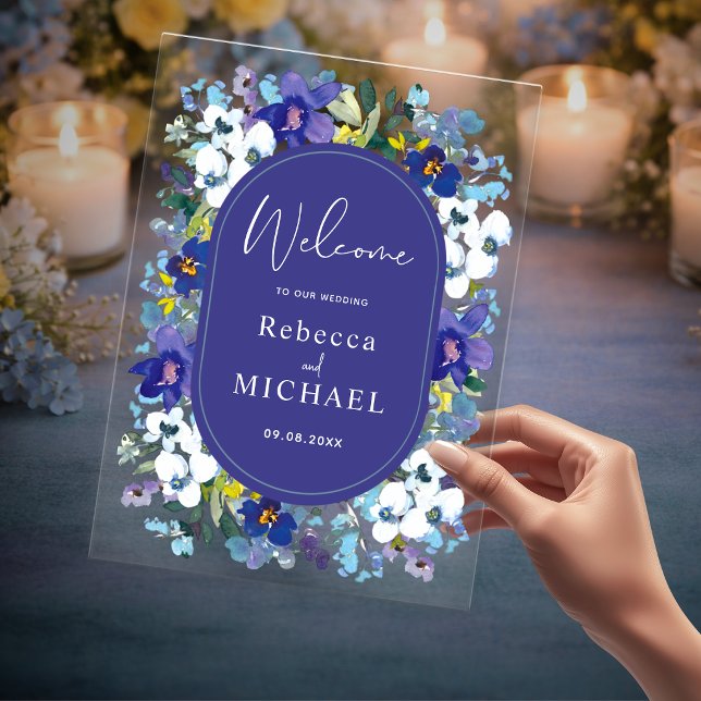 Chic spring dusty blue dark purple floral wedding acrylic invitations (Creator Uploaded)
