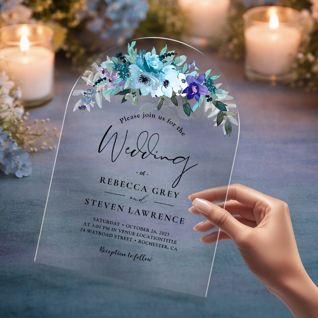 Chic spring dusty blue purple floral wedding arch acrylic invitations (Creator Uploaded)