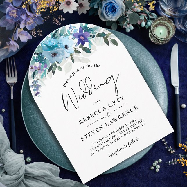Chic spring dusty blue purple floral wedding arch invitation (Creator Uploaded)