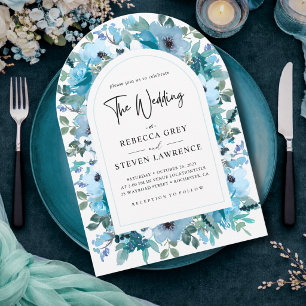 Chic spring dusty blue white floral arched wedding invitation