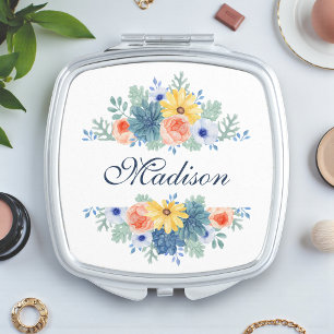 Chic Spring Floral Bouquet Personalized Name Gift Compact Mirror