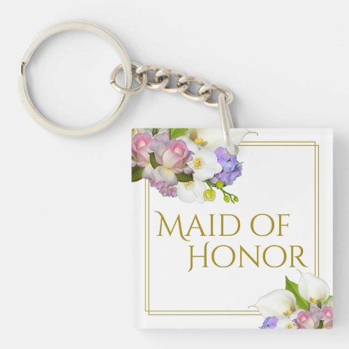 Chic Spring Floral Maid of Honor Wedding Favor Keychain