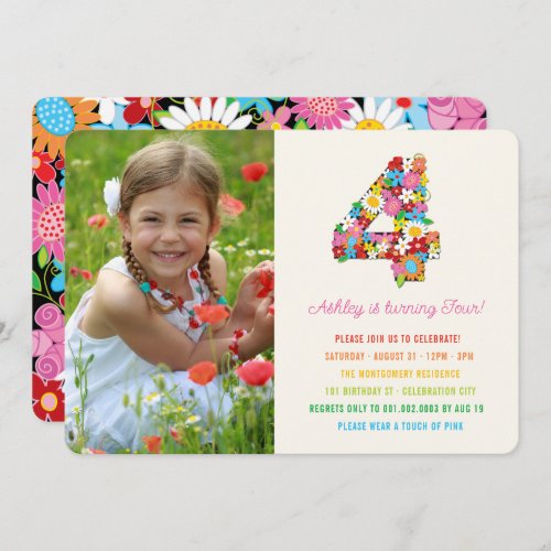 Chic Spring Flowers Garden Photo Girl 4th Birthday Invitation