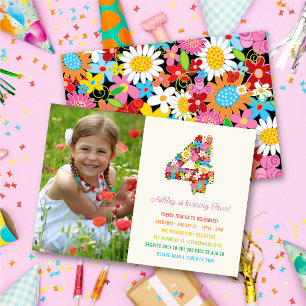 Chic Spring Flowers Garden Photo Girl 4th Birthday Invitation