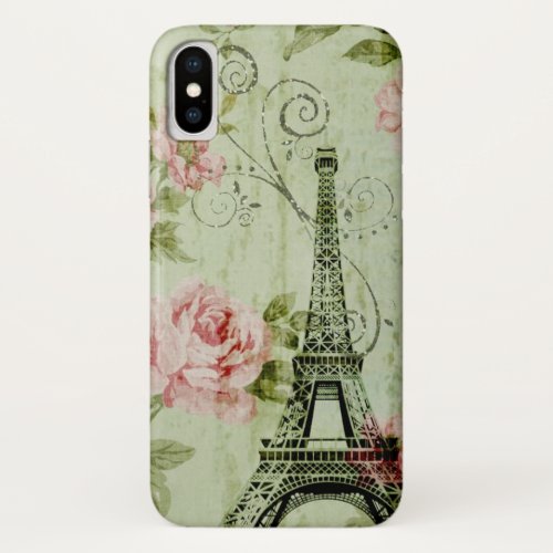 chic spring mint pink floral paris eiffel tower iPhone XS case