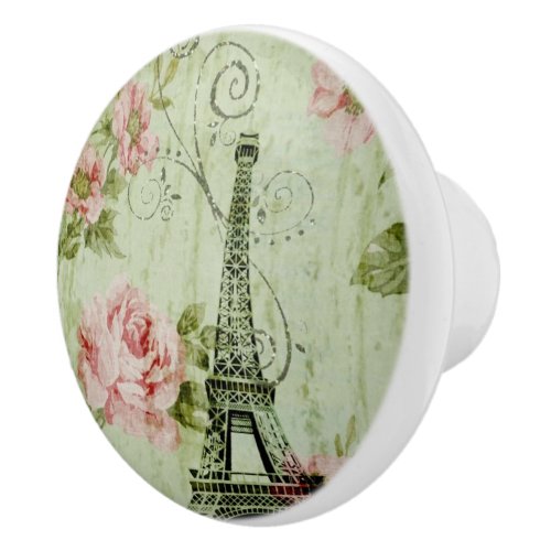 chic spring mint pink floral paris eiffel tower ceramic knob