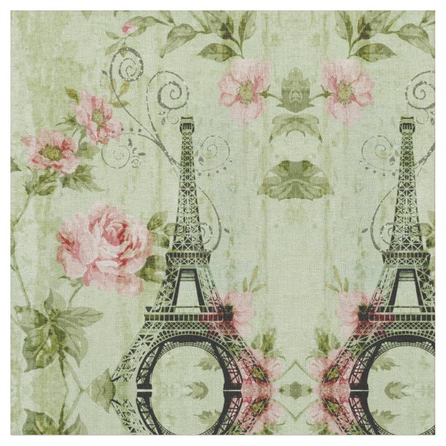 chic spring mint pink floral paris eiffel tower fabric (Close Up)