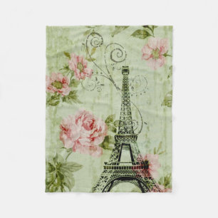 chic spring mint pink floral paris eiffel tower fleece blanket