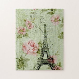 chic spring mint pink floral paris eiffel tower jigsaw puzzle